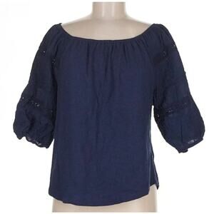 Draper James RSVP Blouse sz small navy blue with puff sleeves, eyelet, pleats